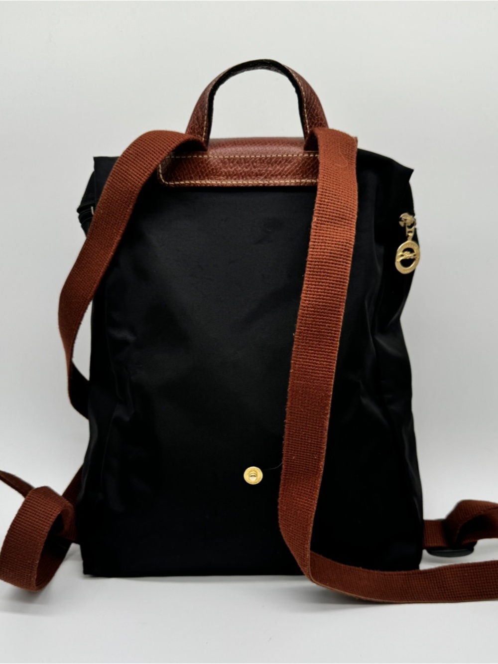 Longchamp Le Pliage Small Backpack Black Nylon Brown Leather Foldover Bag - Picture 3 of 6